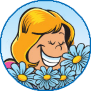 illustration of smiling woman with golden hair smelling blue daisy flowers - image is used as the round Icon