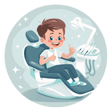 illustration of happy young boy who is sitting in a dental chair smiling with both of his thumbs up.